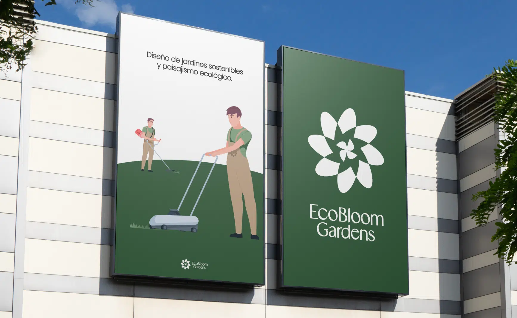 Banners de EcoBloom Gardens aplicados en edificio con identidad visual corporativa
