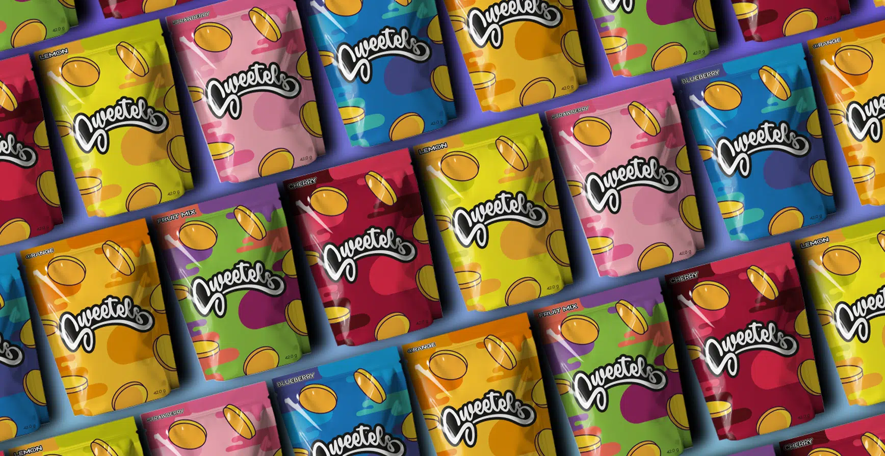 Diseño de packaging para golosinas Sweetels con estilo colorido y enfoque comercial